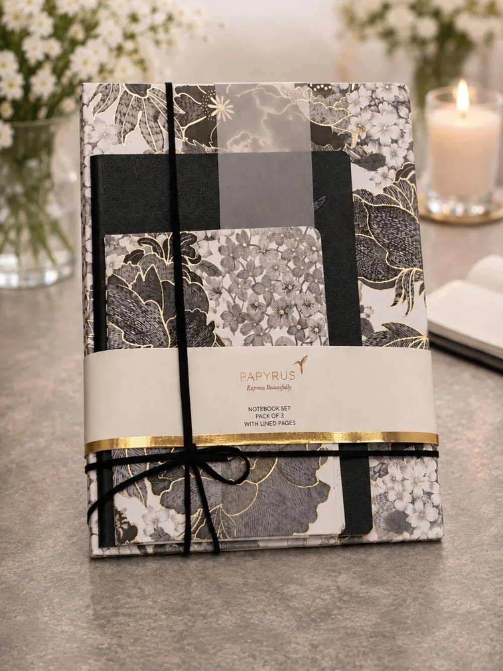 Papyrus Elegant Notebook Journal Set 3 Sizes Black White Gold Lined Gift